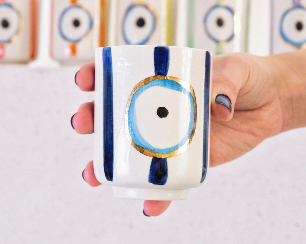 Mavi Nazar Boncuğu Desenli Altın Dekorlu Stoneware Bardak - 1
