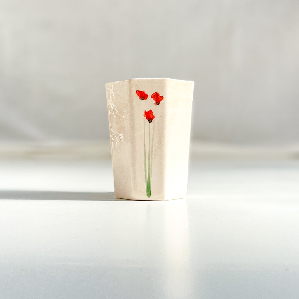 Kırmızı Kır Çiçeği Desenli Altın Dekorlu Stoneware Bardak - 1