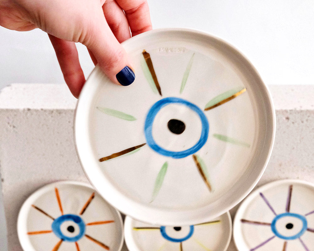 Yeşil Nazar Boncuğu Desenli Altın Dekorlu Stoneware Tabak - 1