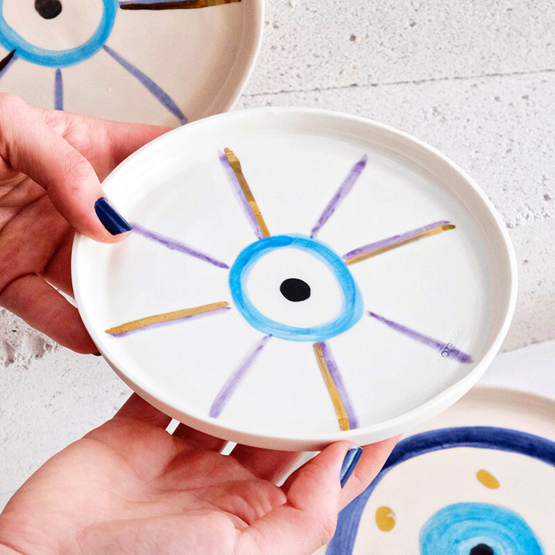Mor Nazar Boncuğu Desenli Altın Dekorlu Stoneware Tabak - 1
