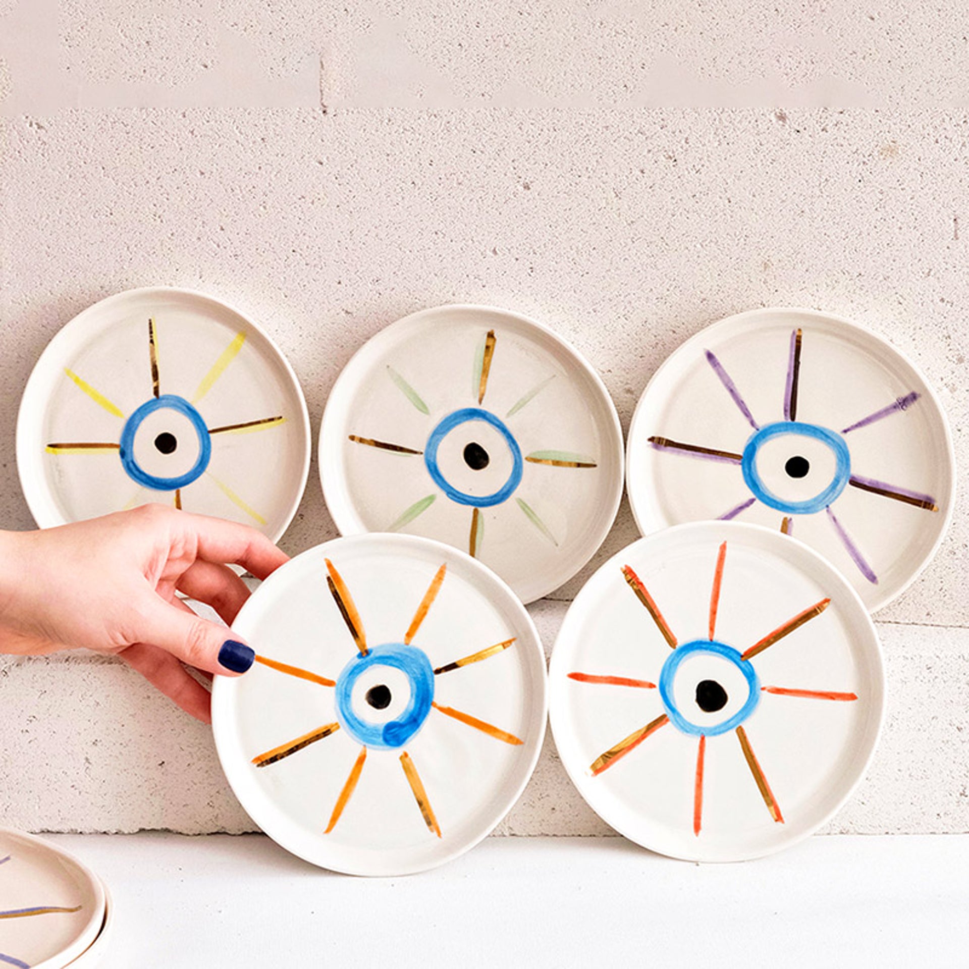 Nazar Boncuğu Desenli Altın Dekorlu Stoneware Beşli Tabak Seti - 1