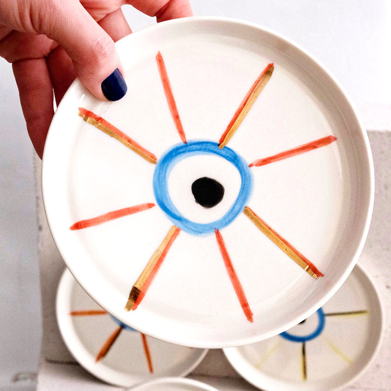 Kırmızı Nazar Boncuğu Desenli Altın Dekorlu Stoneware Tabak - 1