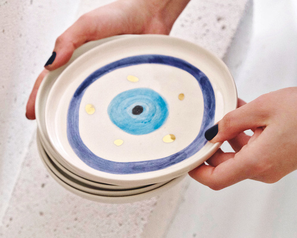 Mavi Nazar Boncuğu Desenli Altın Dekorlu Stoneware Tabak v2 - 1