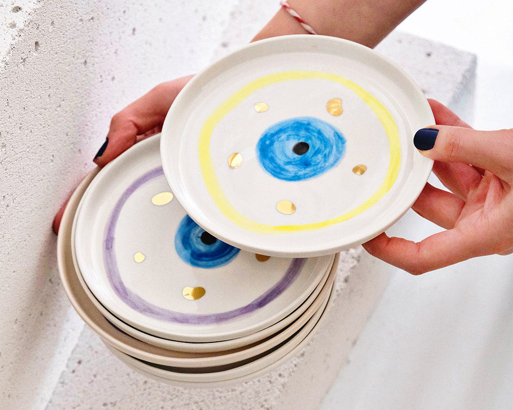 Sarı Nazar Boncuğu Desenli Altın Dekorlu Stoneware Tabak v2 - 1