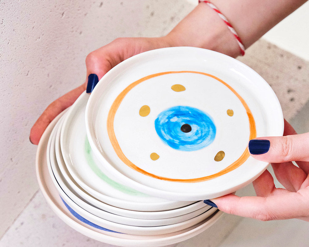 Turuncu Nazar Boncuğu Desenli Altın Dekorlu Stoneware Tabak v2 - 1