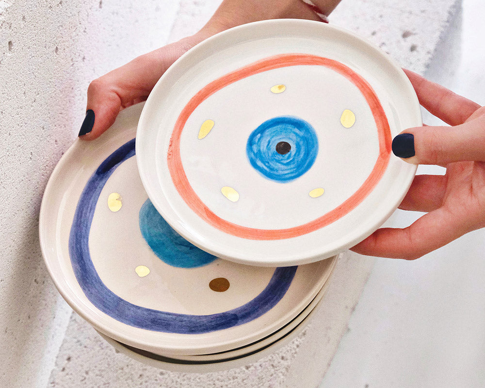 Kırmızı Nazar Boncuğu Desenli Altın Dekorlu Stoneware Tabak v2 - 1