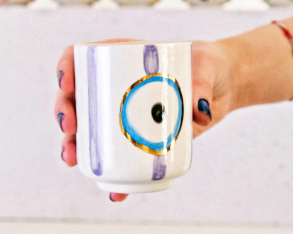 Mor Nazar Boncuğu Desenli Altın Dekorlu Stoneware Bardak - 1