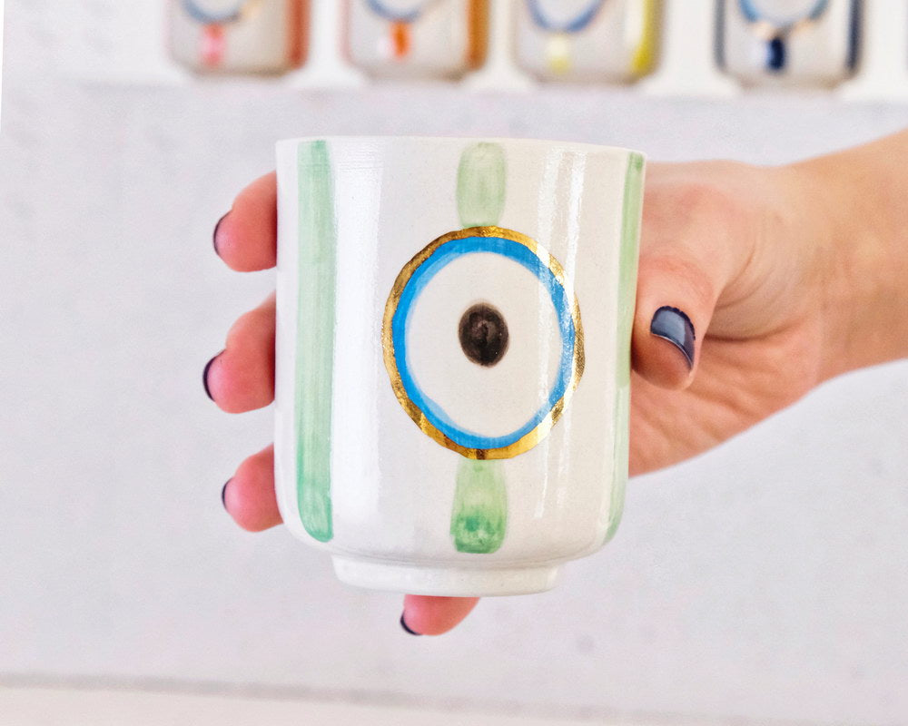 Yeşil Nazar Boncuğu Desenli Altın Dekorlu Stoneware Bardak - 1
