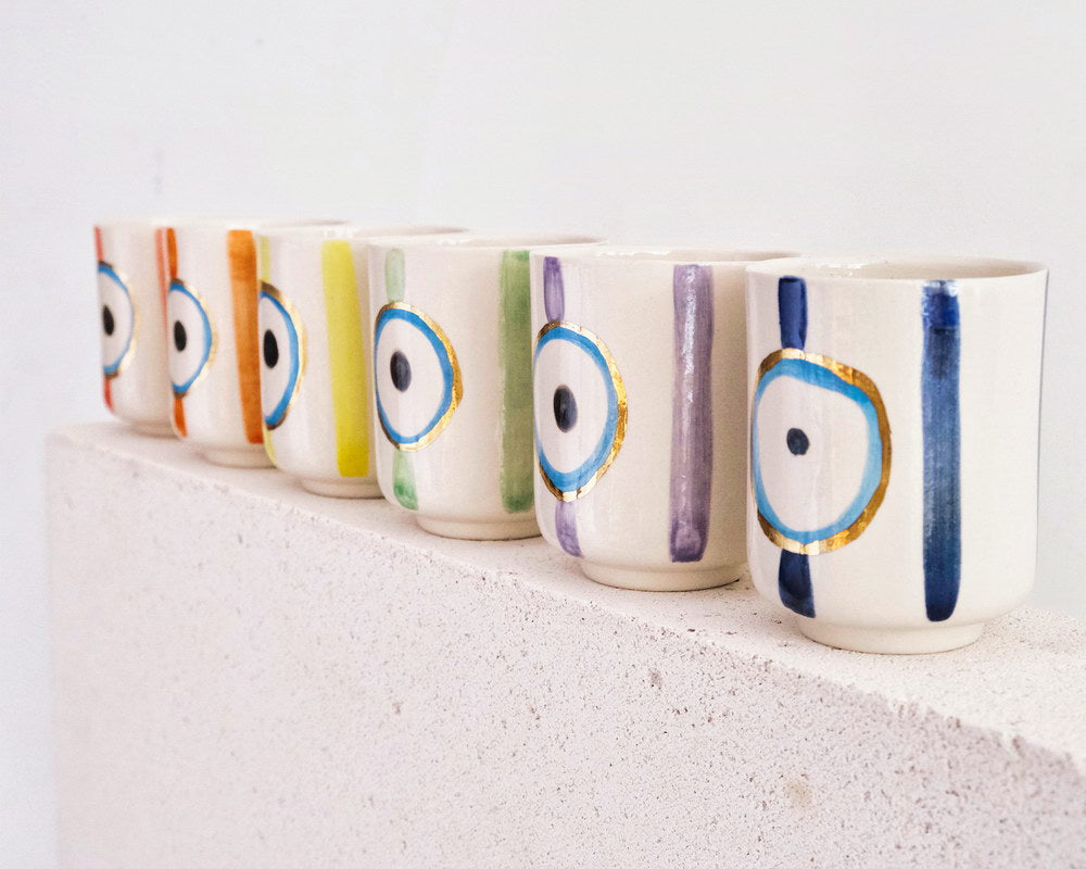Nazar Boncuğu Desenli Altın Dekorlu Stoneware Altılı Bardak Seti - 1