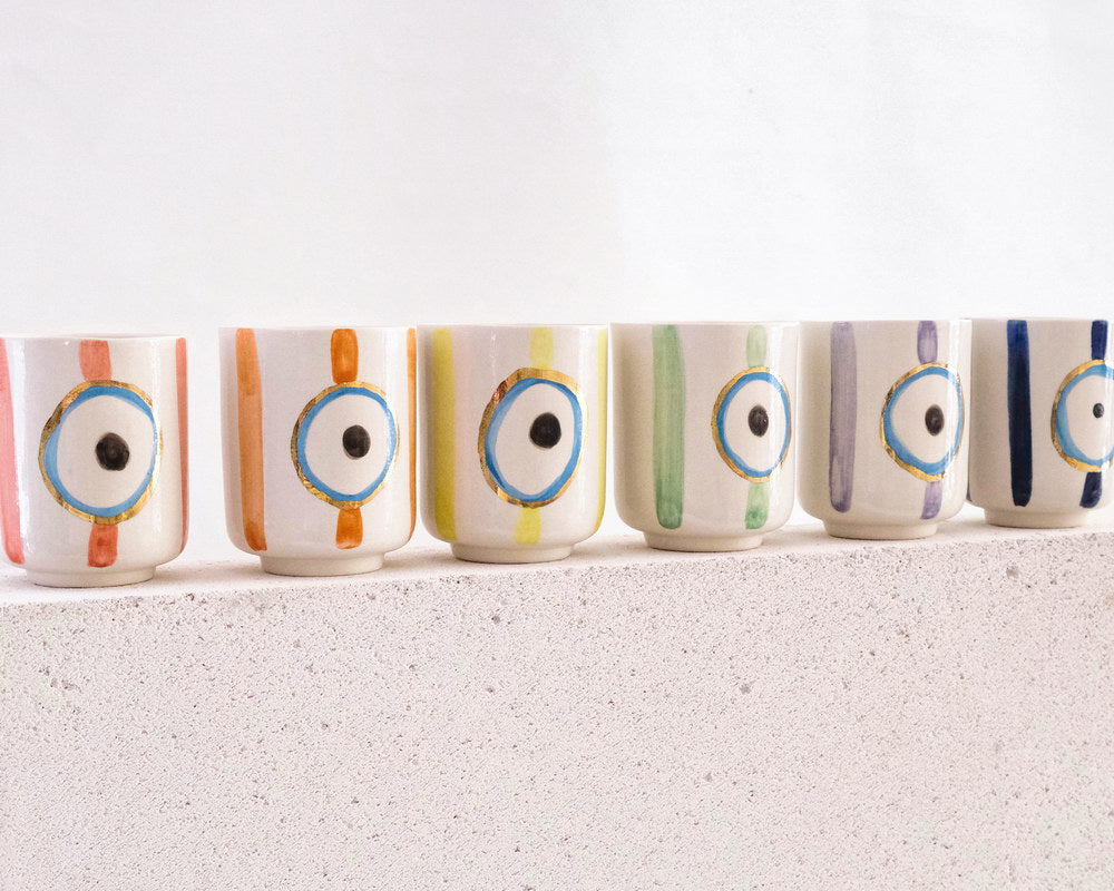 Nazar Boncuğu Desenli Altın Dekorlu Stoneware Altılı Bardak Seti - 2