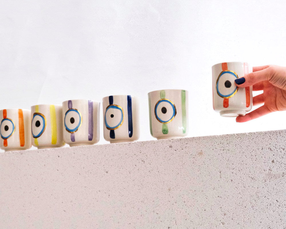 Nazar Boncuğu Desenli Altın Dekorlu Stoneware Altılı Bardak Seti - 3
