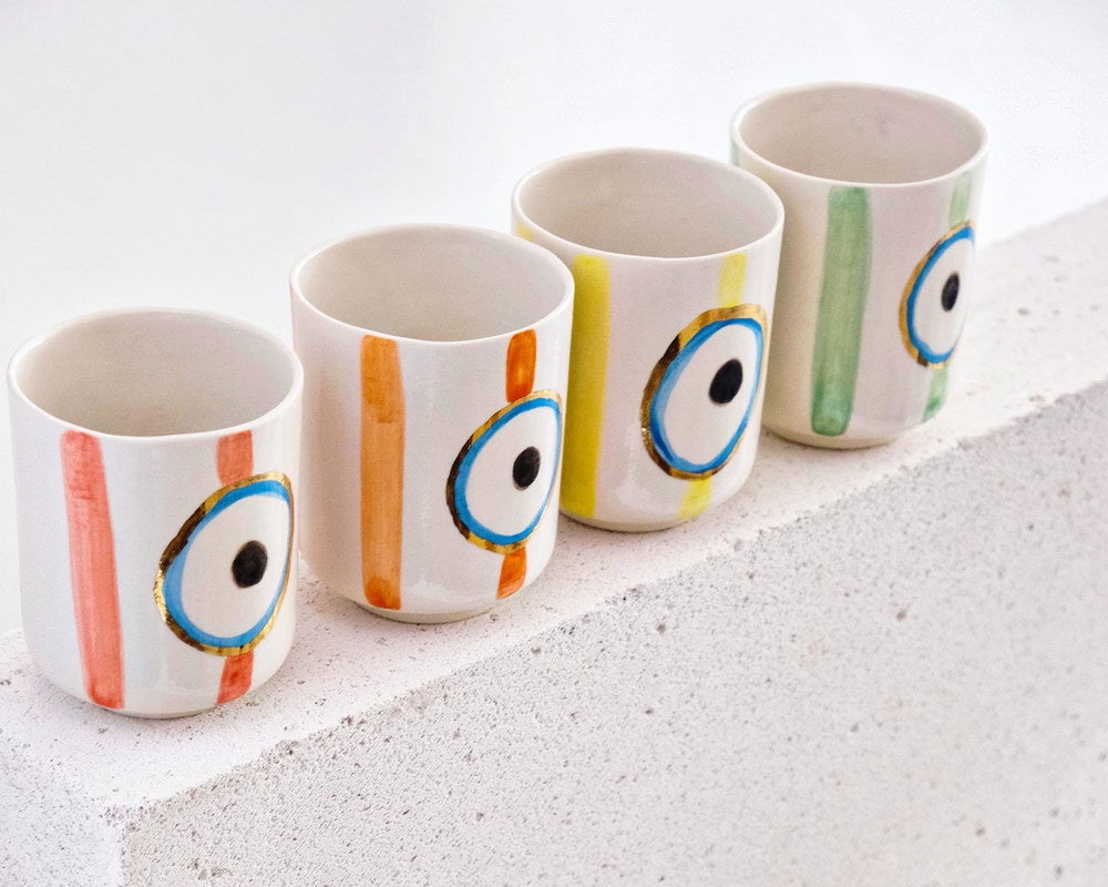 Nazar Boncuğu Desenli Altın Dekorlu Stoneware Altılı Bardak Seti - 6