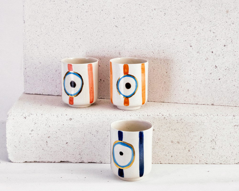 Nazar Boncuğu Desenli Altın Dekorlu Stoneware Altılı Bardak Seti - 7