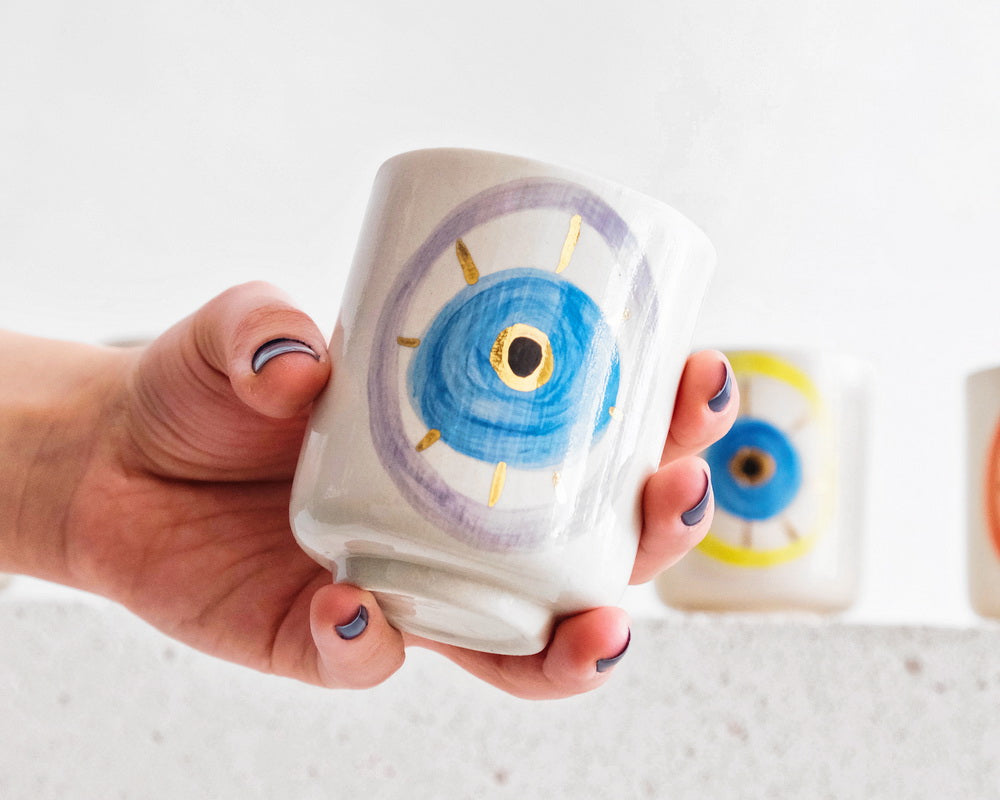 Mor Nazar Boncuğu Desenli Altın Dekorlu Stoneware Bardak v2 - 1