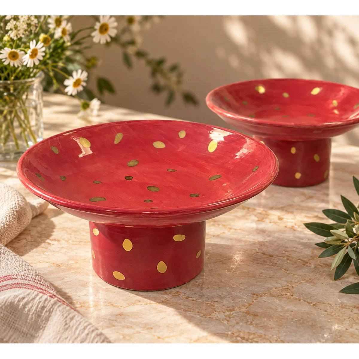Dekorlu Kırmızı Ayaklı Sunumluk - Mamezon Ceramics görsel 2