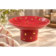 Dekorlu Kırmızı Ayaklı Sunumluk - Mamezon Ceramics