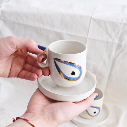 Mavi Nazar Boncuğu Desenli Altın Dekorlu Stoneware Türk Kahvesi & Espresso Fincanı Seti